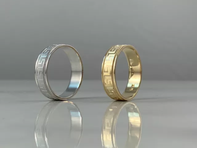 14K GOLD WEDDING Band Ring Mens Womens Greek Key 6 MM Comfort Fit Solid