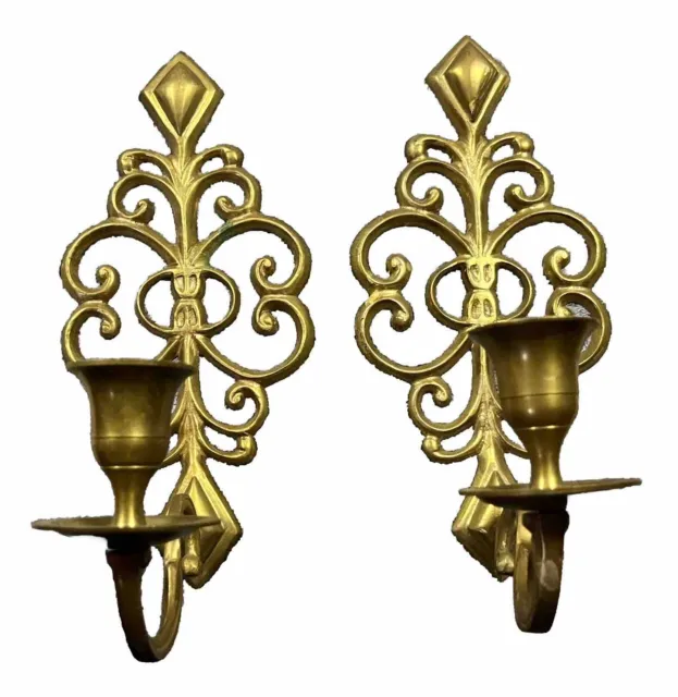 Vintage Hollywood Regency Ornate Brass Wall Sconce Candle Holder Set Pair Gold