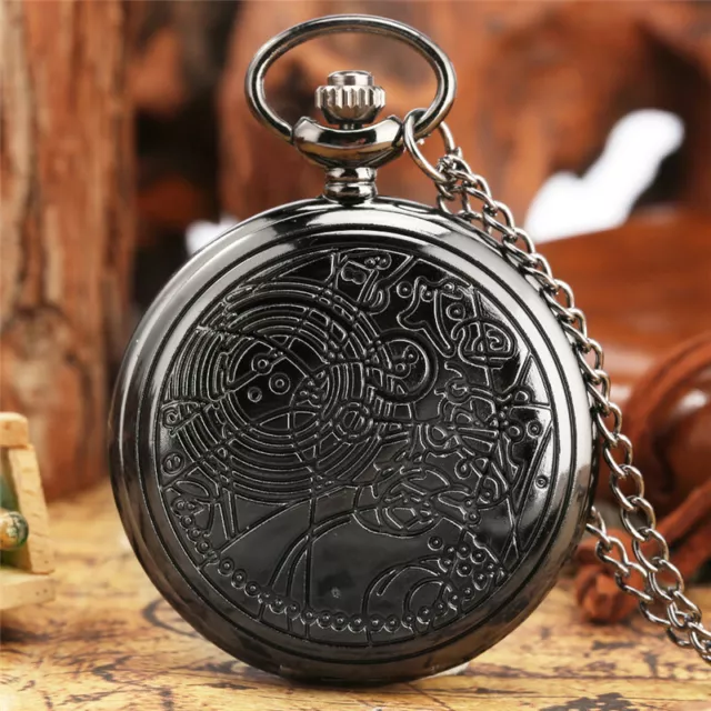 Mens Quartz Pocket Watch Chain Black Doctor Who Analog Unisex Gift Necklace