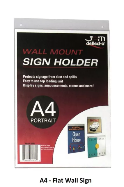 Deflect-o 47001 Acrylic Wall Mount Sign Holder A4 Portrait  2 Pre-drilled Holes