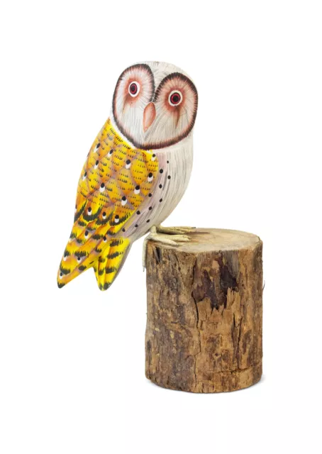 Wooden Hand made Yellow Barn Owl Statue Bird Figurine Sculpture Decor Carved Art