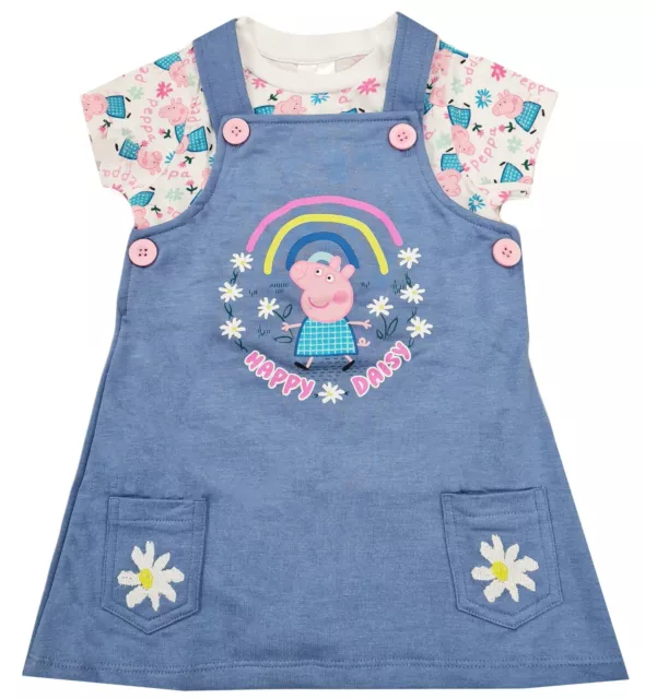 Girls Peppa Pig Pinafore Dress & Top T Shirt Outfit Set 12 Months - 6 Years