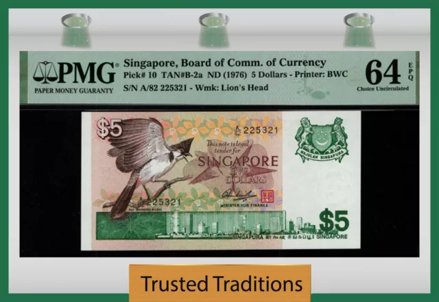 Tt Pk 10 Nd (1976) Singapore 5 Dollars Pmg 64 Epq Choice Uncirculated