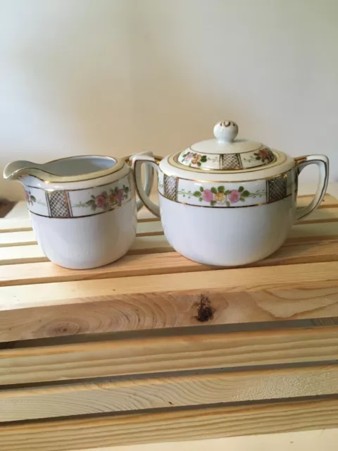 Vtg.Nippon hand painted roses w/ gold trim creamer , sugar bowl set , porcelain