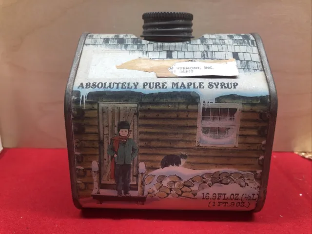 Vintage 1984 Vermont Absolutely Pure Maple Syrup Log Cabin Tin New England Co