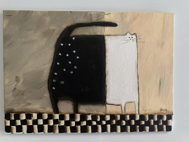 Primitive Kitty Cat Abstract Folk Art Original Painting Black & White Kitty Cat