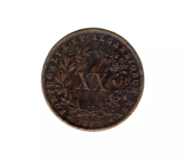Rare Portugal Coin - Xx Reis 1873 - Vf - Luis I - Km# 515 🇵🇹