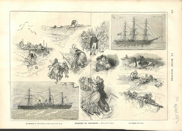 "Shipwreck of the ""City of Le Havre"" shipwrecked clipper Loch Earn ENGRAVING 1873