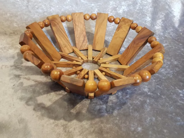 Rustic Vintage Wooden 1970's Fruit Bowl Beaded Slatted Crafts Art