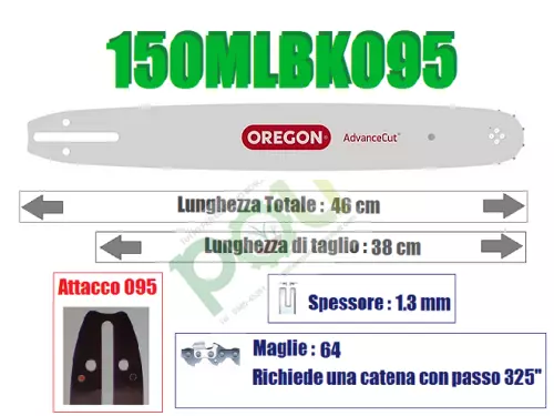 BARRA OREGON PRO-AM 150MLBK095 38cm PASSO 325' x SPESSORE 1.3mm x 64 MAGLIE