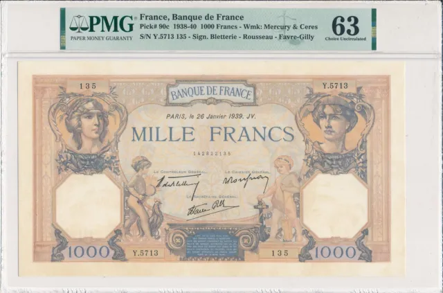 Banque de France France  1000 Francs 1939  PMG  63