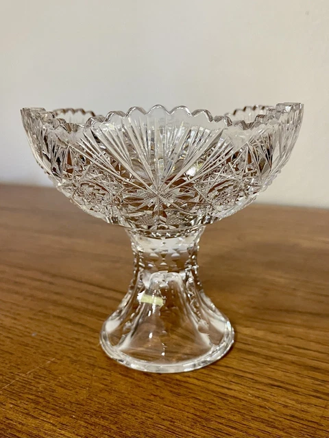 American Brilliant Cut Glass Jelly Jam Compote 6” Stars Fans Deep Cuts Heavy ABP