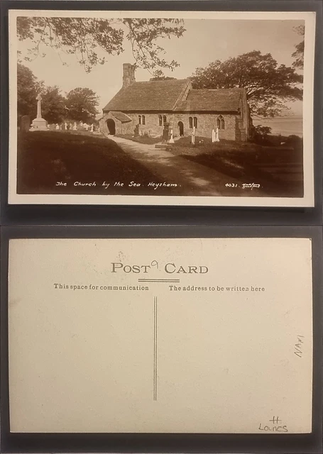 Heysham Postkarte C1930 Lancashire Kirche am Meer markenloses echtes Foto