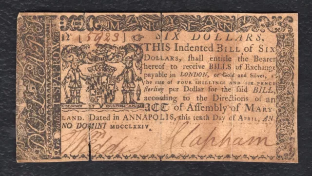 Md-69 April 10, 1774 $6 Six Dollars Maryland Colonial Currency Note