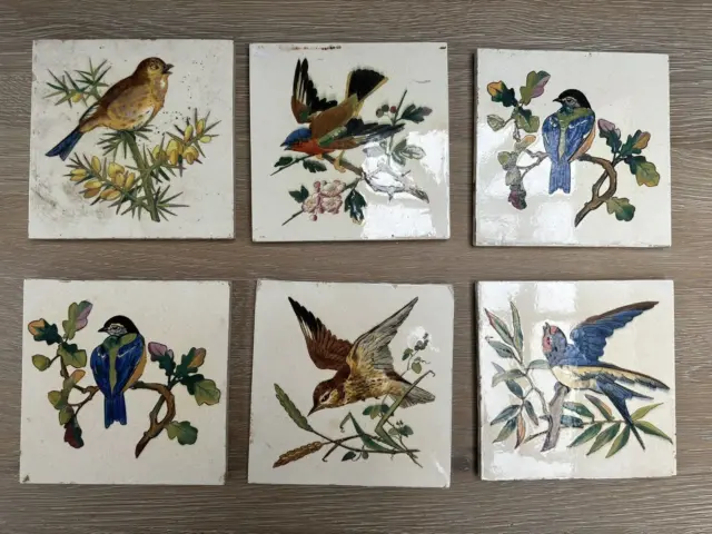 6 Minton Hollins 19th Century Tiles with Hand Painted Birds. 6 inch.