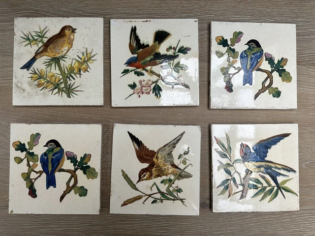 6 Minton Hollins 19th Century Tiles with Hand Painted Birds. 6 inch.