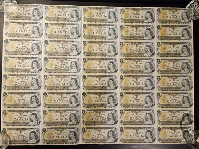 Canadian One 1 Dollar Bill Sheet Uncut 1973