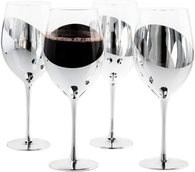 Contemporary Stemmed Wine Glasses w/ Silver Angled Metallic Accent, Set of 4