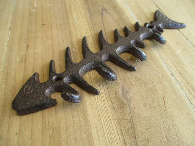 CAST IRON FISH Bones Wall Hook Key Hat Coat Rack Holder Skeleton Nautical Decor 2