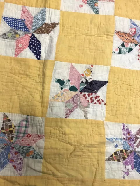 vintage cotton hand quilt 63 X 74 Scrappy Star Pattern With Yellow Between. Hole 3