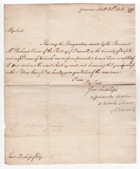 1770 ALS Bishop of Norwich to Lord Bishop Ely Regarding Barwell Rectory Norfolk