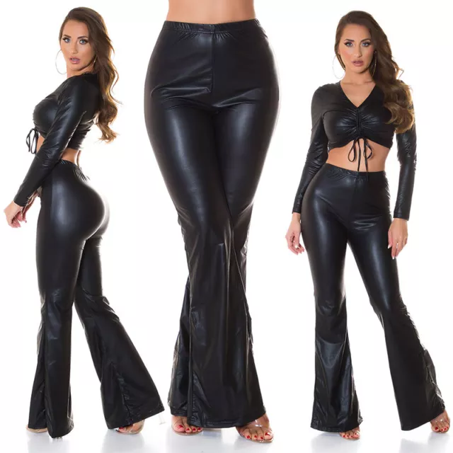 Donna Effetto Lucido Pantaloni Svasati Boho-Style Nero #H2299