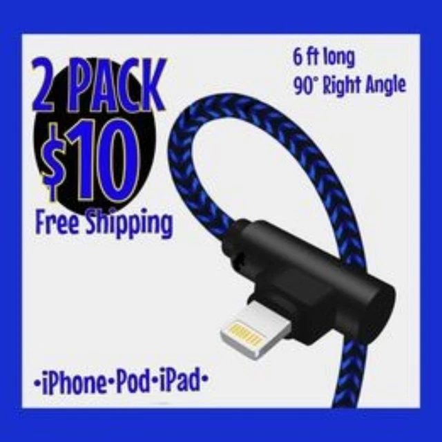 2 Pack Blue Charger USB Cord 6ft Long Fast Charging Cable Right Angle for iPhone