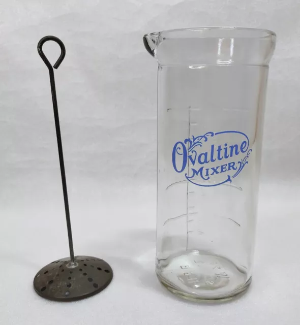 Vintage Ovaltine Mixer Glass Measure Jug With Metal Plunger Advertising