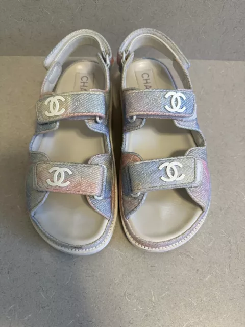 AUTH CHANEL DAD Sandals Quilted Pink Blue Tie Dye Canvas, Cc Logo, Size 38  $1,075.00 - PicClick