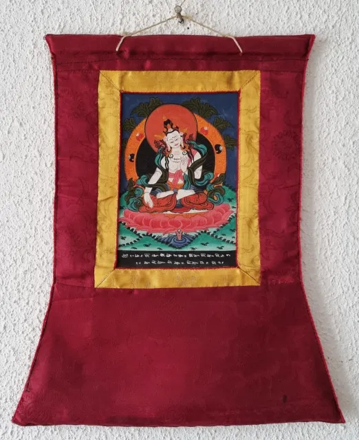 Schönes Thangka Bild "weiße Bodhisattva" - Nepal / Tibet, Feine Malerei signiert