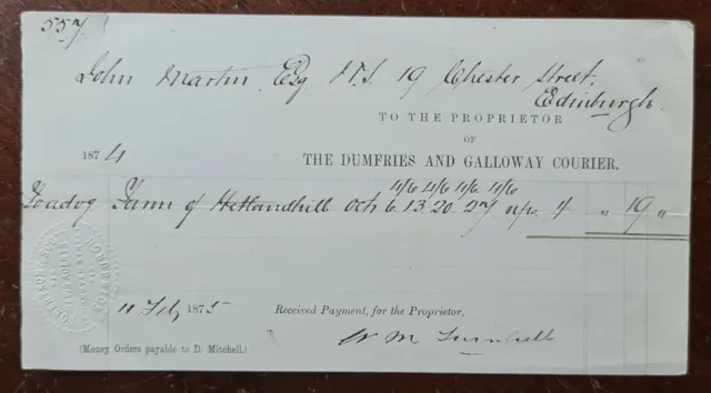 1874 The Dumfries and Galloway Courier Invoice