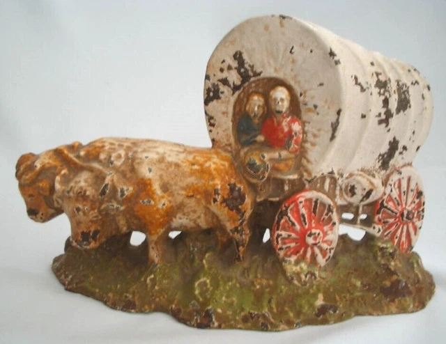 Antique Cast Iron Conestoga Covered Wagon W/Oxen & Family going West Door Stop
