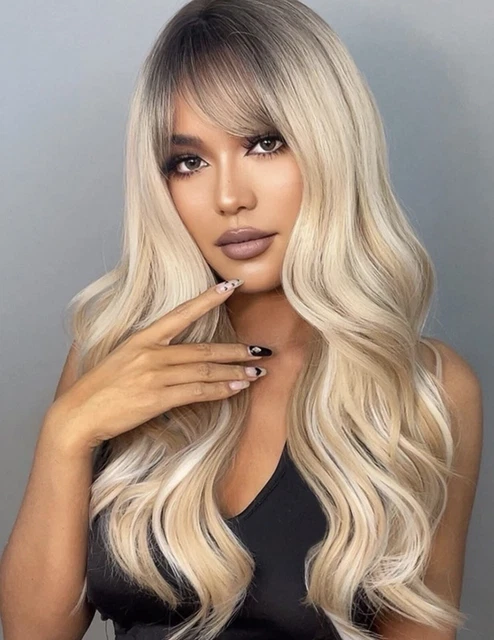 Perruque Synthétique Blonde Dorée Platine - Longue Et Ondulée Avec Frange - Taille Moyenne - Bonnet Offert