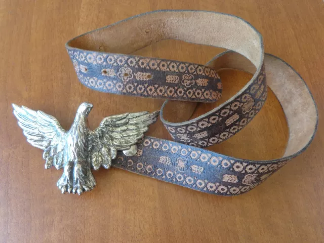 VTG RARE LARGE FIGURAL FLYING WINGS EAGLE LEATHER BELT BUCKLE 41,3" ( 105 cm)