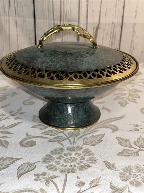 Vintage Oppenheimer Brass Pedestal Bowl W Lid Grape Vine Handle