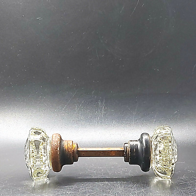 Antique 12 Point Clear Fluted Glass Door Knob Metal Neck &Square Metal Spindle