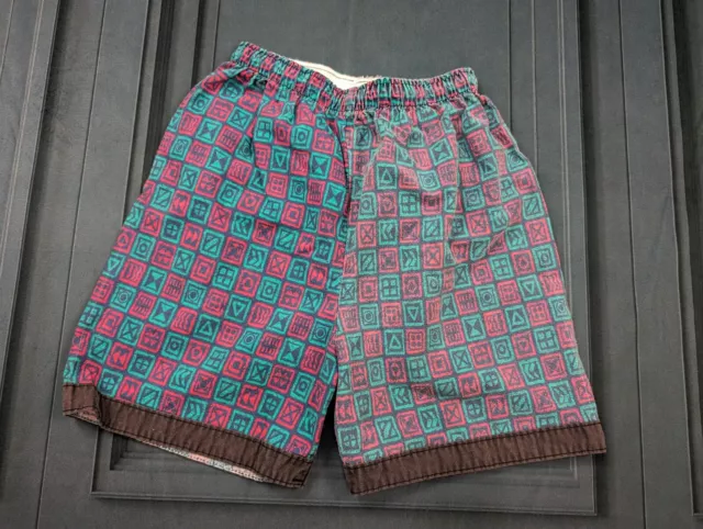 Vintage Swim Shorts Trunks Printed Cotton Size S Small 70's 80's Teal Pink