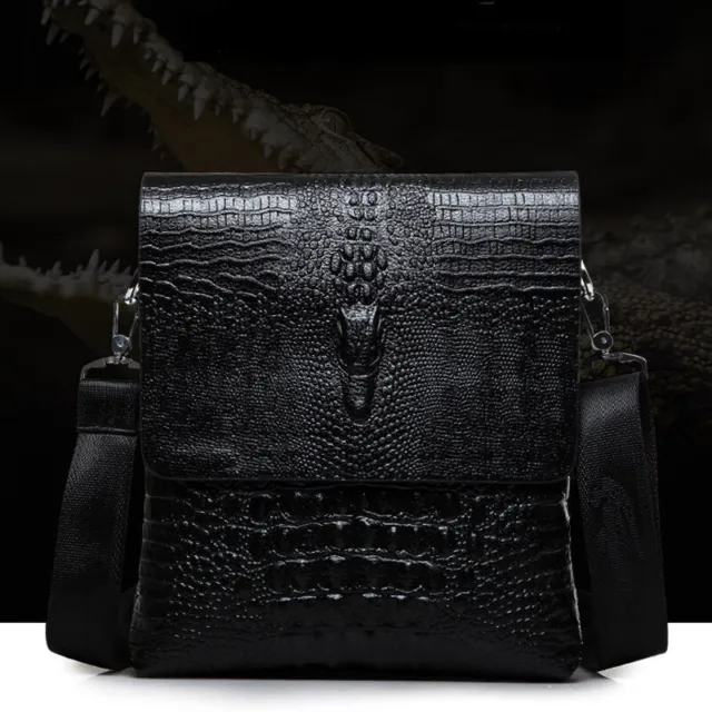 Men's Leather Black Crocodile Sling Shoulder Bag Crossbody Bag 10" Messenger Bag