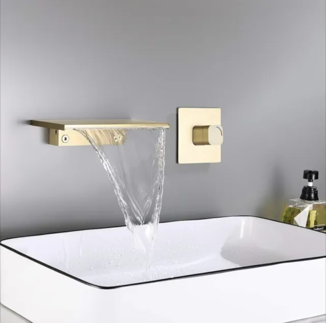 Waterfall Wall Mount Bathroom Sink Faucet Single Knob Solid Brass Tub Filler
