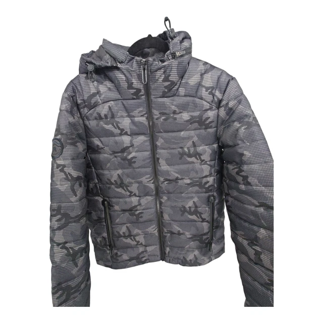 Superdry Fuji Double Zip Puffer Jacket Grey Camo Mens Small Removeable Hood