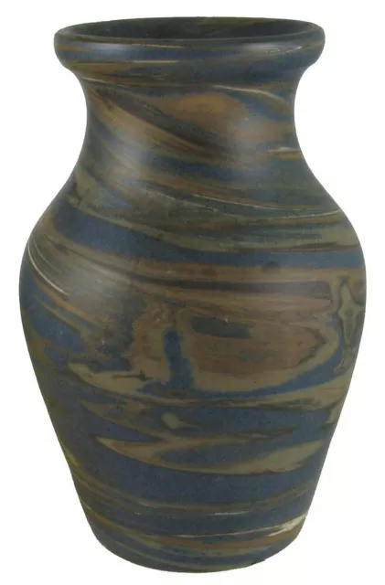 Antique Niloak Mission Swirl Art Pottery Vase, Dark Brown & Blue Swirls