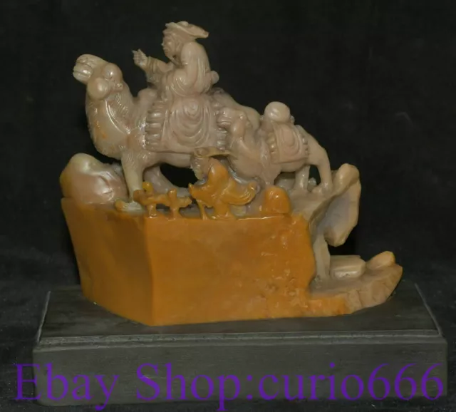 6" Old China Natural Shoushan Stone Carved People Ride camel Seal Stamp Signet