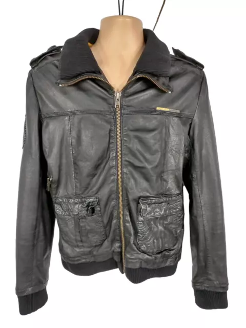 Mens Superdry Icon Brad Leather Jacket Size Medium Black Double Collar Zip Coat