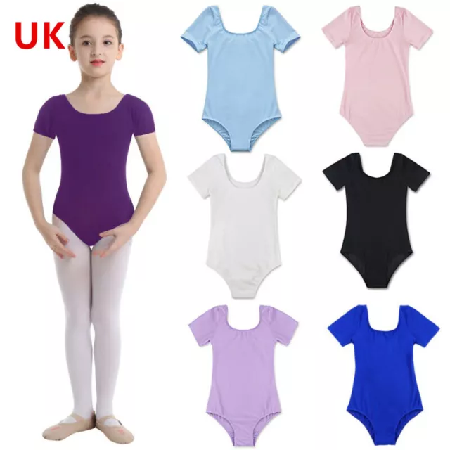 UK Kids Girls Ballet Dance Leotard Short Sleeves Stretchy Gymnastics Dancewear