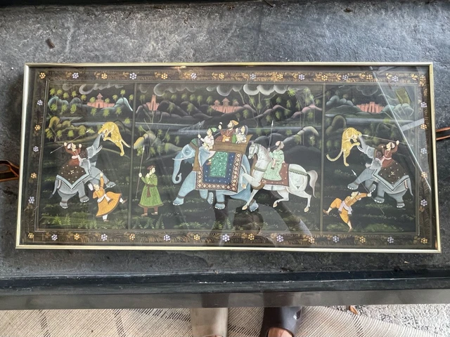 Hand Painted Silk Fine Art of a Mughal Hunt Scene Framed India 20th century