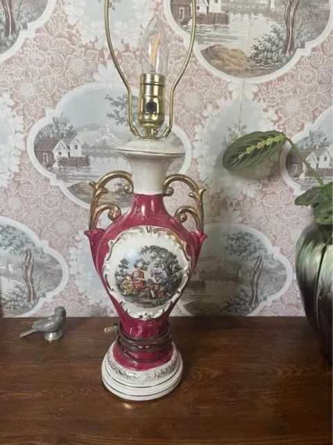 RESTORED Antique VTG 40s Victorian Scene Ornate Gold White & Pink 18" Table Lamp