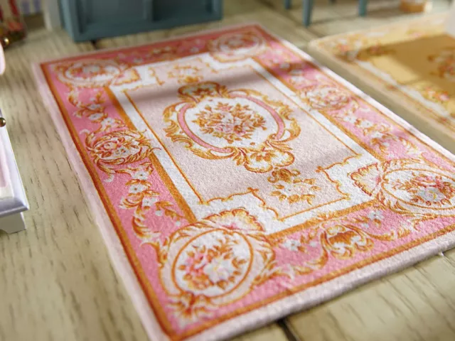 Beautiful Aubusson Design Pink Gold Ivory Dollhouse Miniature Area Rug 1:12 2