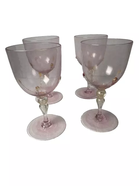 Antique Salviati Venetian Gold Flakes Pink Edge Murano Glasses Set of 4