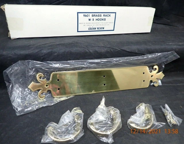 Vtg Lillian Vernon Brass Rack w/3 Hooks - In Box - NOS