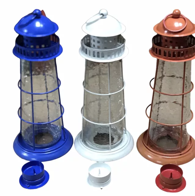 Lot Of 3 Candle Holders Light House Theme Red White Blue Yankee Candle Excellent